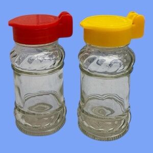 Vintage Red and Yellow Salt & Pepper Shakers Glass 50s 60s Made in Taiwan